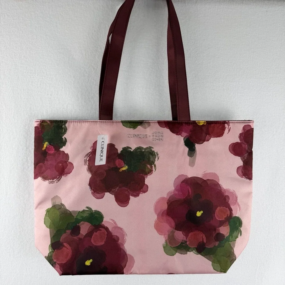 Clinique x Jonathan Cohen Floral Tote Bag‎ + Zip Pouch Set Floral Pink NWT
